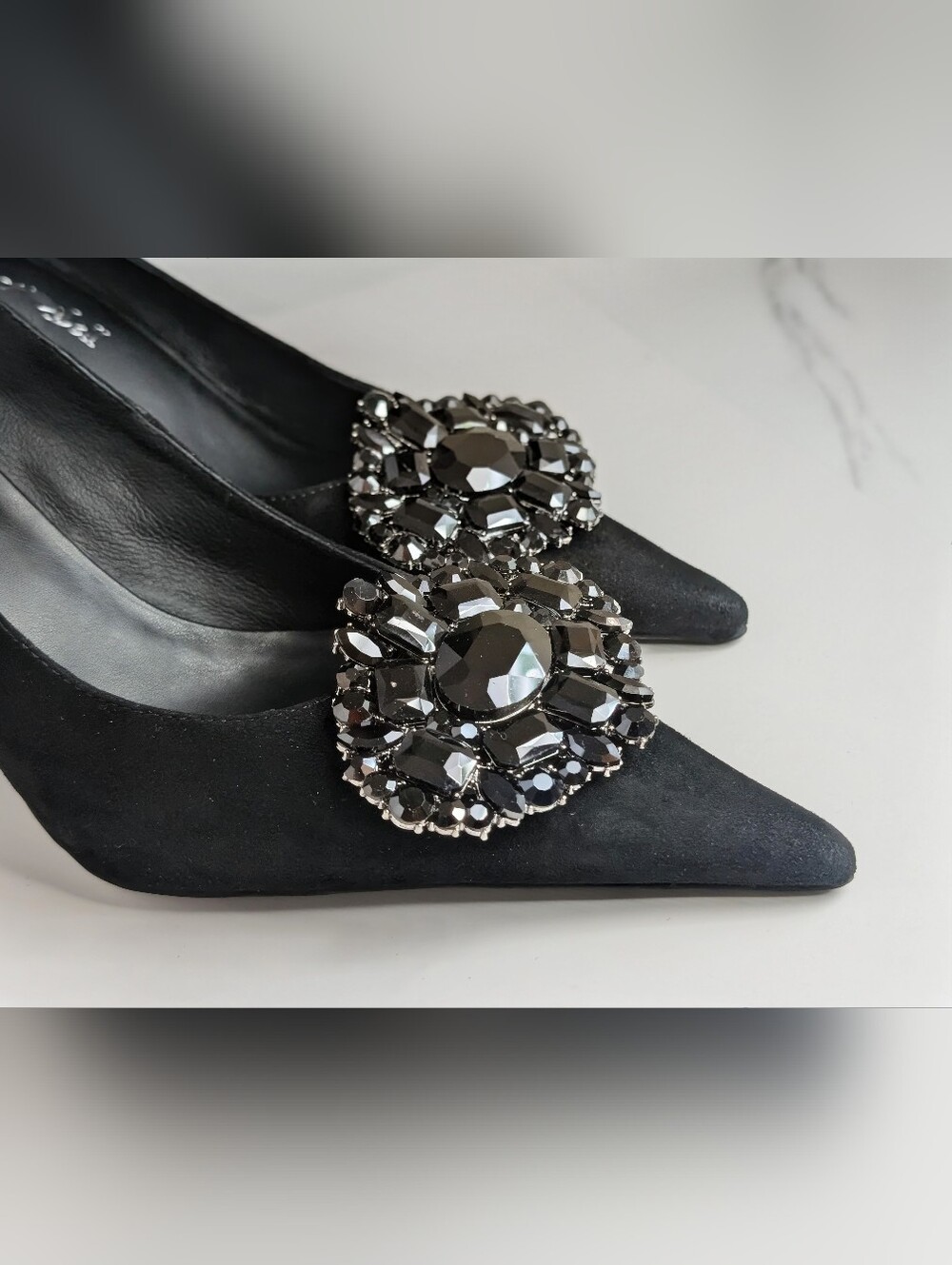 Jeffrey Campbell Parliament Black Suede Crystal Pointed Toe Pumps 8 - Picture 10 of 14